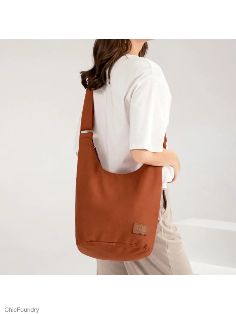 Large Canvas Hippie Crossbody Bag with Long Zipper - Woven Flower Sling